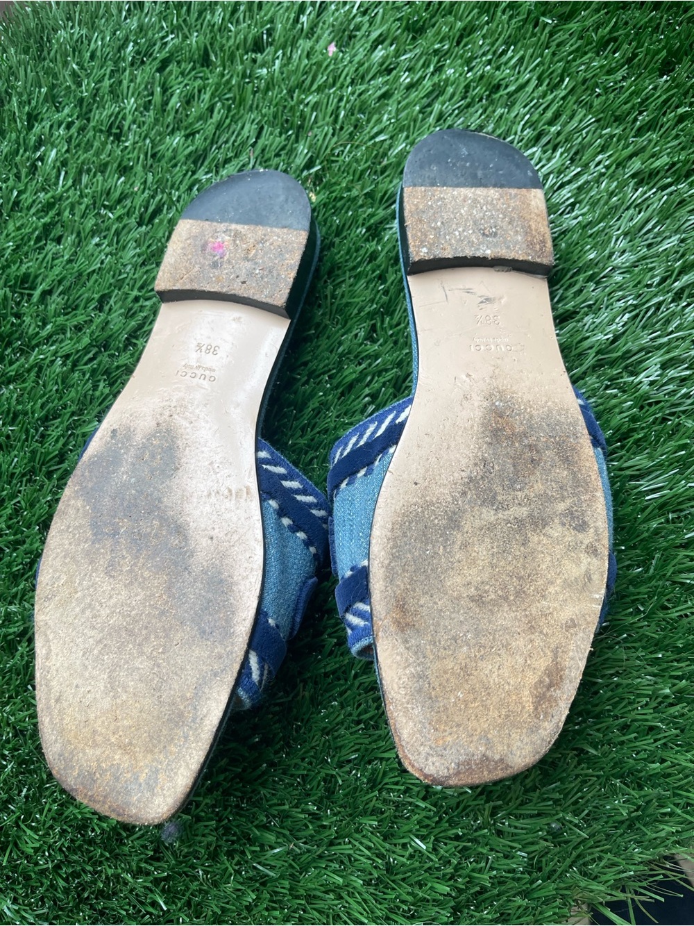 Gucci Denim Logo Slide Sandals in Light Blue and Navy - Picture 2 of 5